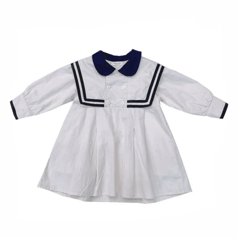 Spring Summer Girls' Dress British Style Navy Collar Little Cute Long-Sleeved Student School Dress Baby Kids Children'S Clothing