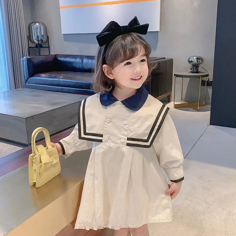 Spring Summer Girls' Dress British Style Navy Collar Little Cute Long-Sleeved Student School Dress Baby Kids Children'S Clothing