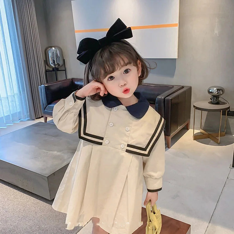 Spring Summer Girls' Dress British Style Navy Collar Little Cute Long-Sleeved Student School Dress Baby Kids Children'S Clothing