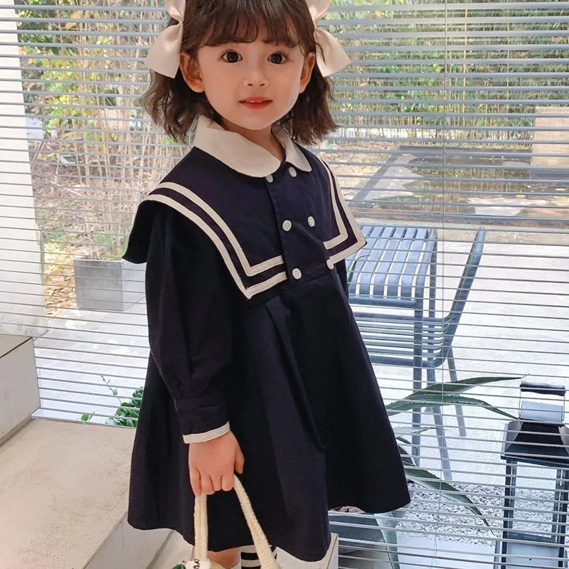 Spring Summer Girls' Dress British Style Navy Collar Little Cute Long-Sleeved Student School Dress Baby Kids Children'S Clothing