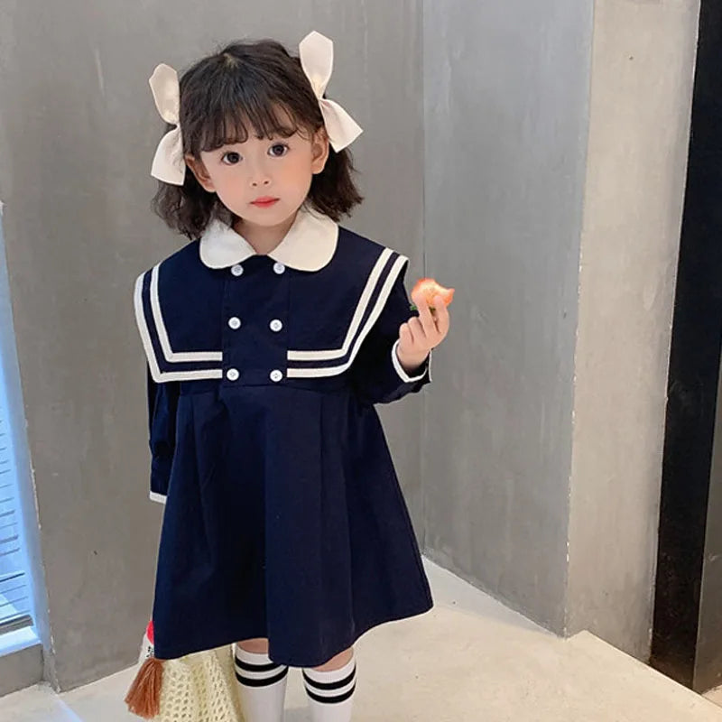 Spring Summer Girls' Dress British Style Navy Collar Little Cute Long-Sleeved Student School Dress Baby Kids Children'S Clothing
