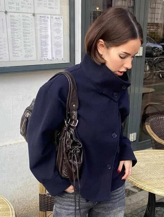 Elegant Solid Woolen Coats Women Solid Full Sleeve Double Breasted Loose Stand Collar Jackets Female 2026 Spring Lady Outwears