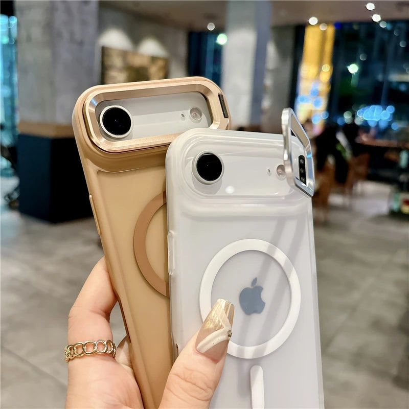 Metal Lens Stand Magnetic Phone Case For Magsafe Wireless iPhone 17 Air 16E 16 15 14 13 12 Mini 11 Pro Max Plus Shockproof Cover