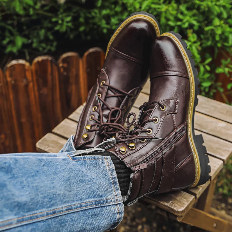 Quality Men Leather Boots Metal Double Zipper Motorcycle Boots Oxford Business Men Ankle Boots Autumn Winter Shoes Large Size 48
