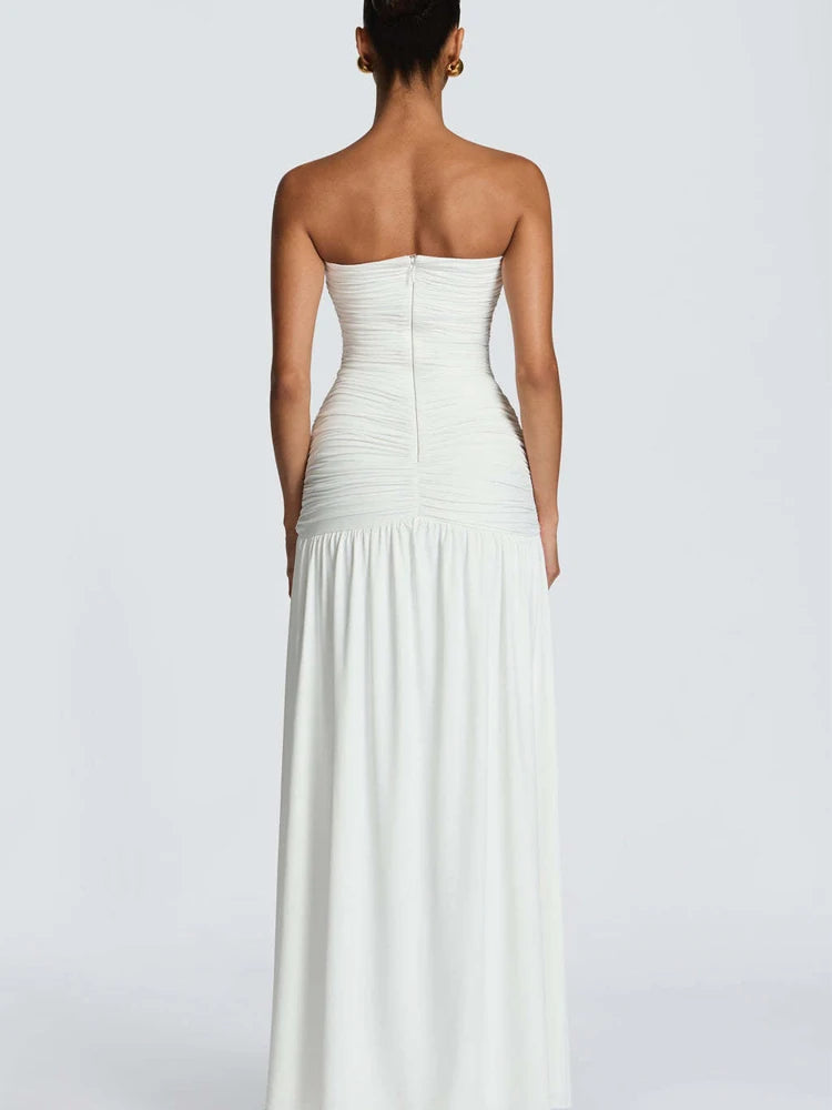 Robe Longue Plissée Élégante – Décolleté en V, Sans Manches, Satinée & Fendue, Soirée & Gala