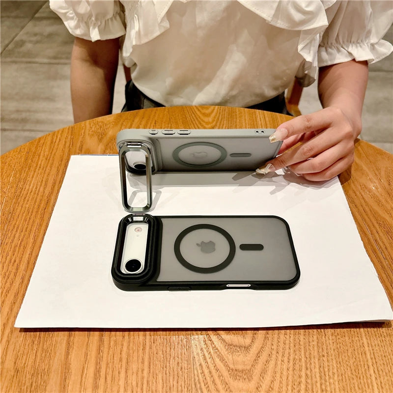 Metal Lens Stand Magnetic Phone Case For Magsafe Wireless iPhone 17 Air 16E 16 15 14 13 12 Mini 11 Pro Max Plus Shockproof Cover