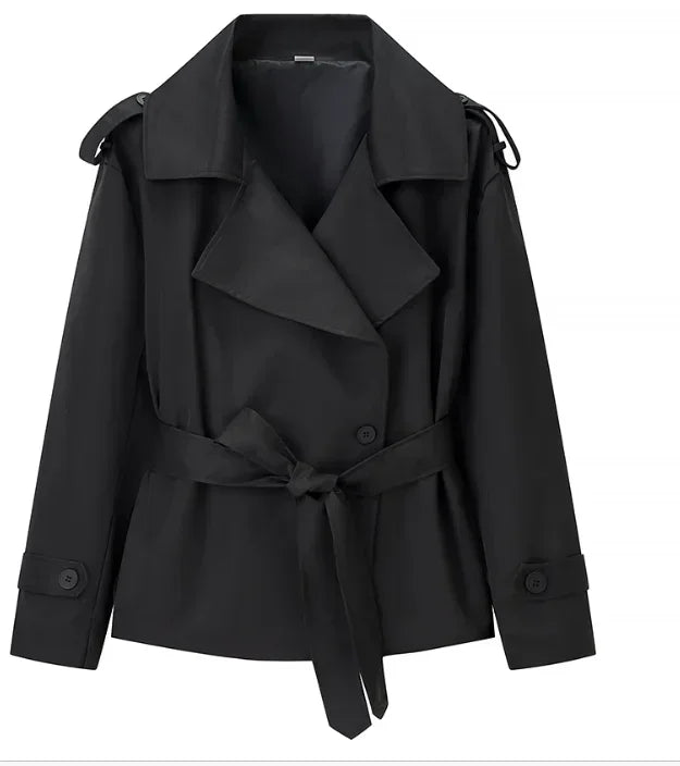 Women's Solid Cropped Trench Coat Elegant Lapel Collar Long Sleeve Belted Wrap Jackets Casual Streetwear 2026 Spring Fall Wear