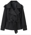 Women's Solid Cropped Trench Coat Elegant Lapel Collar Long Sleeve Belted Wrap Jackets Casual Streetwear 2026 Spring Fall Wear