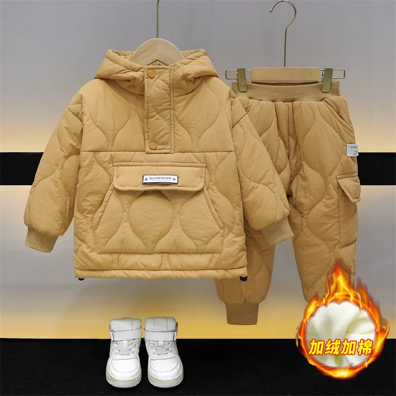 Winter Children Clothes Sets Kids Boys Girls Hooded Warm Cotton Velvet Pullover Coats Outerwear+Pants 2Pcs Snowsuits New1-8Y
