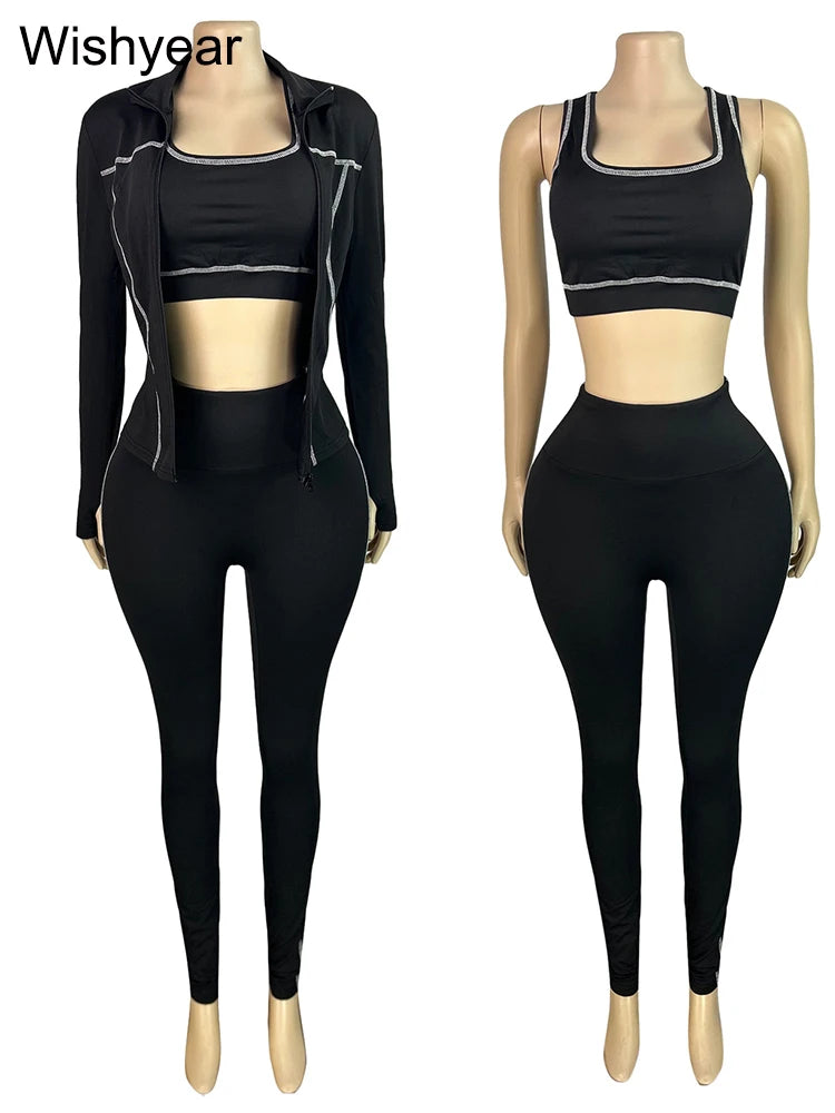 Ensemble 3 Pièces Femme Rose À Rayures – Veste, Soutien-Gorge & Legging, Style Sport Chic