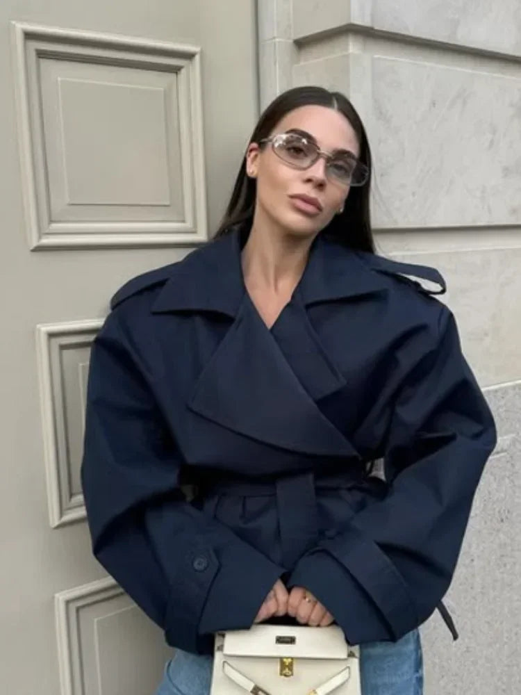 Solid Belted Waist Short Trench Coat Women Chic Wide Lapel Epaulet Detail Loose Long Sleeve Coats Fall Daily Commuter Outerwear