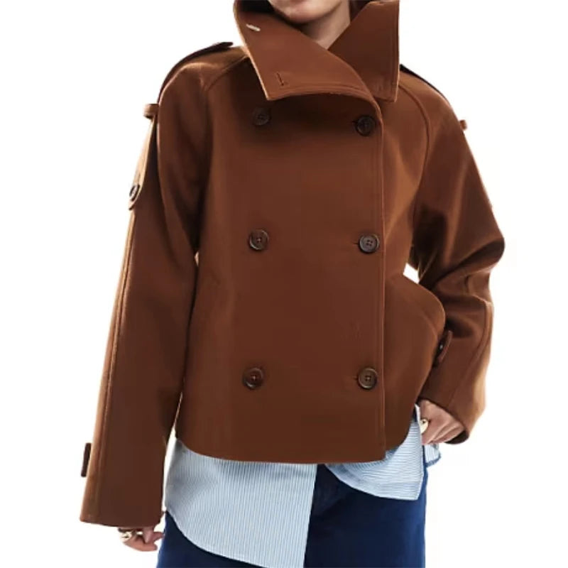 Elegant Solid Woolen Coats Women Solid Full Sleeve Double Breasted Loose Stand Collar Jackets Female 2026 Spring Lady Outwears
