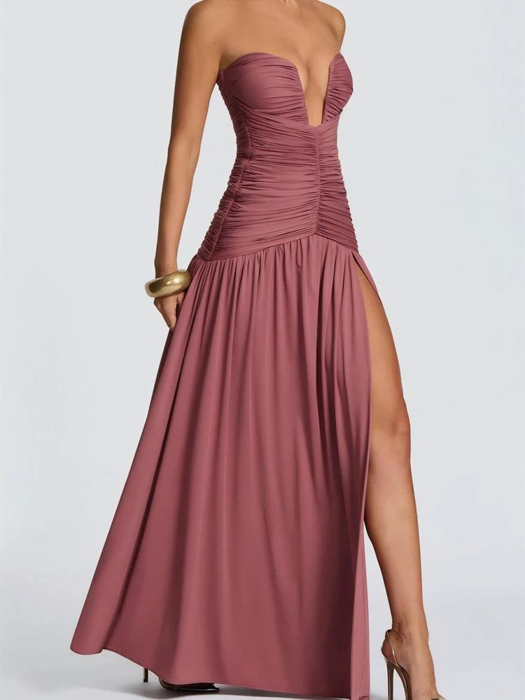 Robe Longue Plissée Élégante – Décolleté en V, Sans Manches, Satinée & Fendue, Soirée & Gala