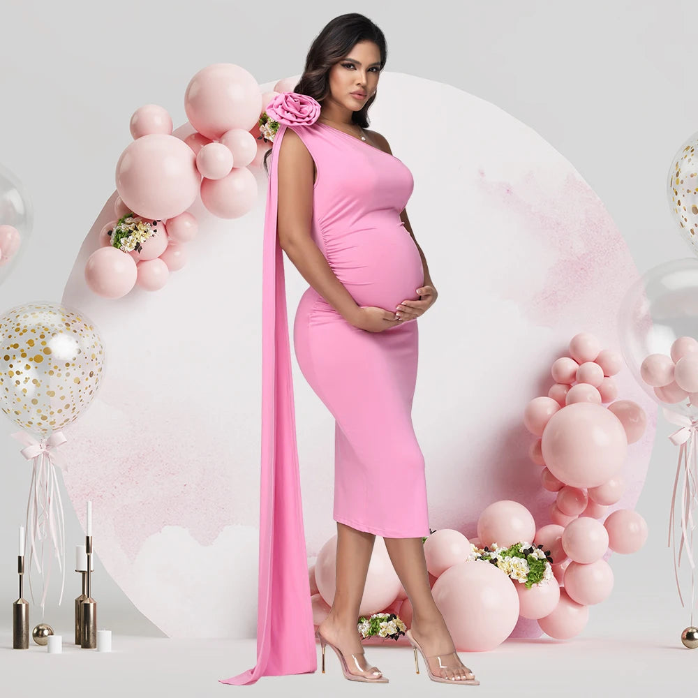 Maternity One Shoulder 3D Floral Floating Sleeve Bodycon Summer Midi Dress for Baby Shower Photoshoot