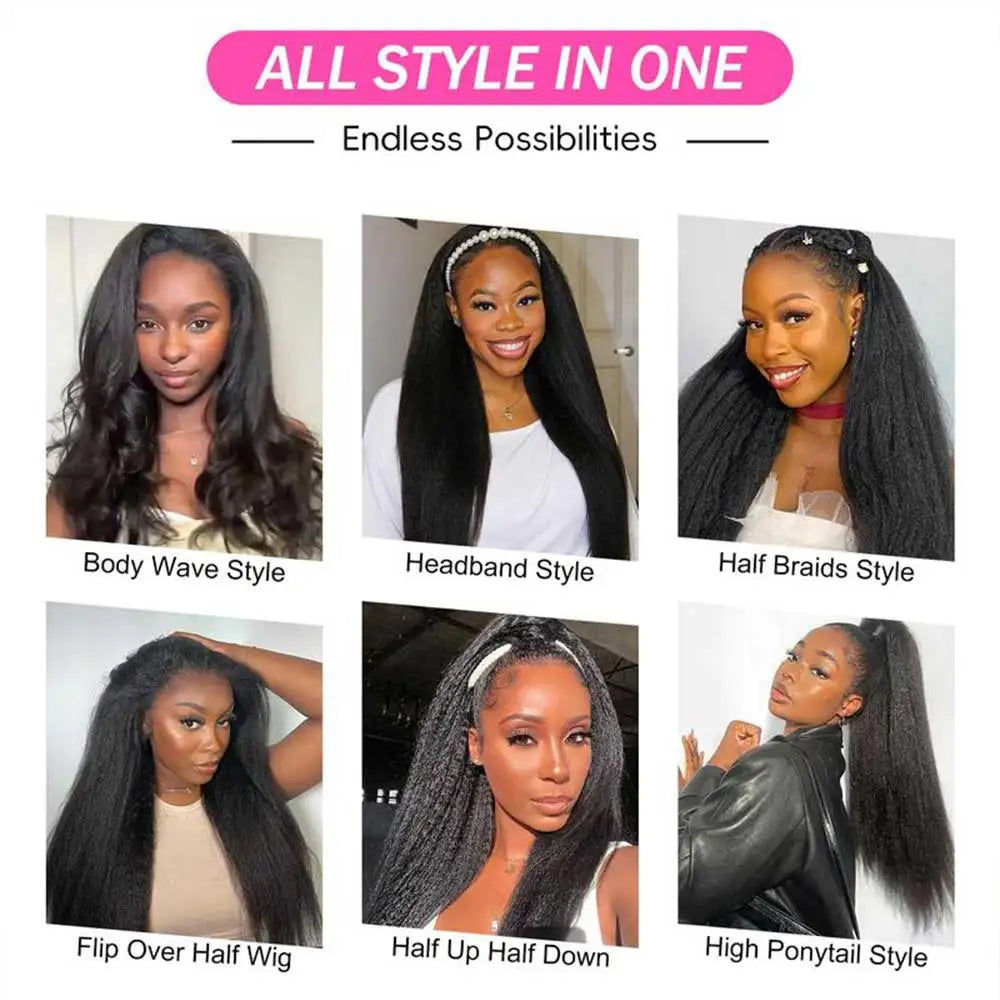 Kinky Straight Half Wig Human Hair Glueless Wig Human Hair Ready to Wear 3 IN 1 Half Wig Drawstring Yaki Straight Glueless Wig