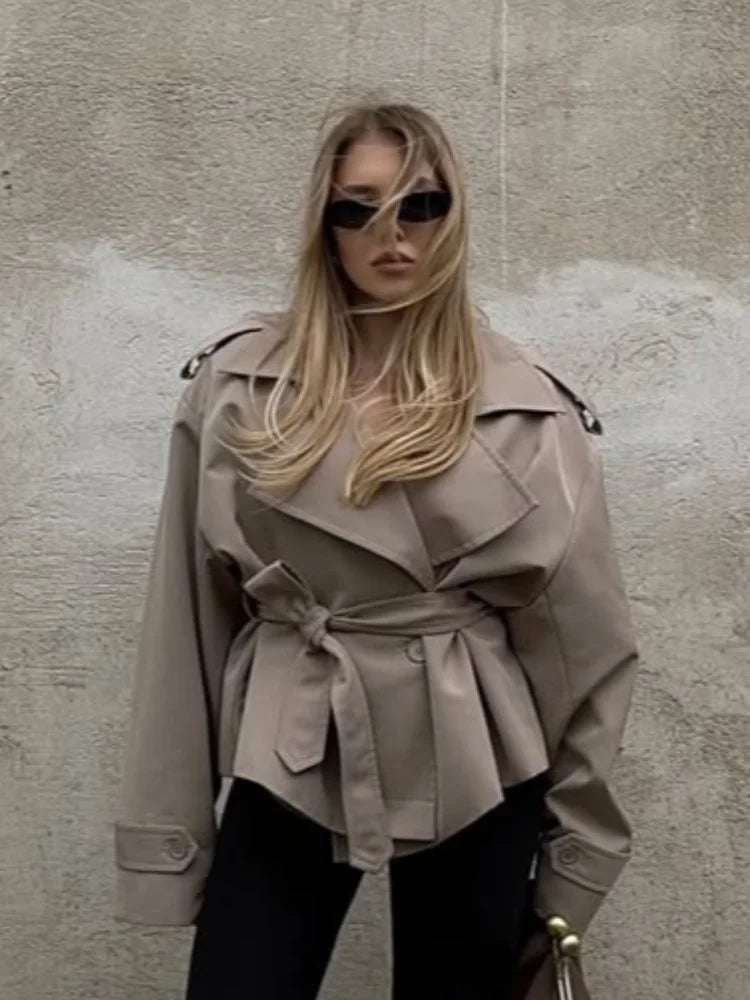Solid Belted Waist Short Trench Coat Women Chic Wide Lapel Epaulet Detail Loose Long Sleeve Coats Fall Daily Commuter Outerwear