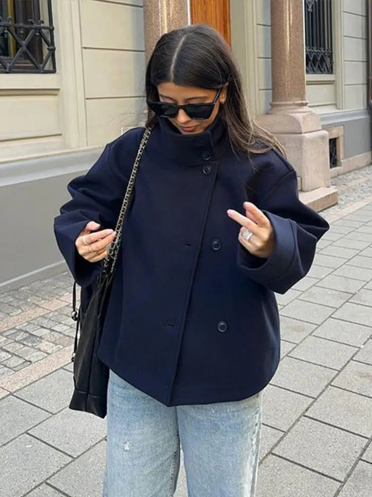 Chic Stand Collar Women Short Woolen Coat Solid Zipper Single Breasted Pocket Jacket 2026 Spring Autumn Lady Outwear High Street