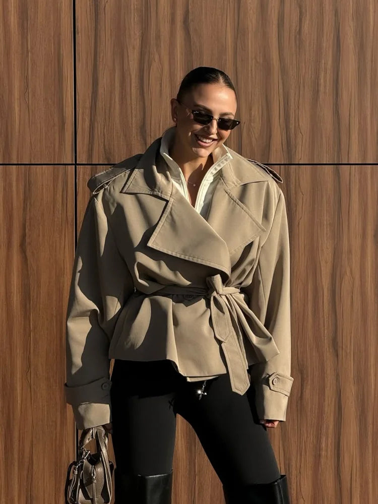 Solid Belted Waist Short Trench Coat Women Chic Wide Lapel Epaulet Detail Loose Long Sleeve Coats Fall Daily Commuter Outerwear