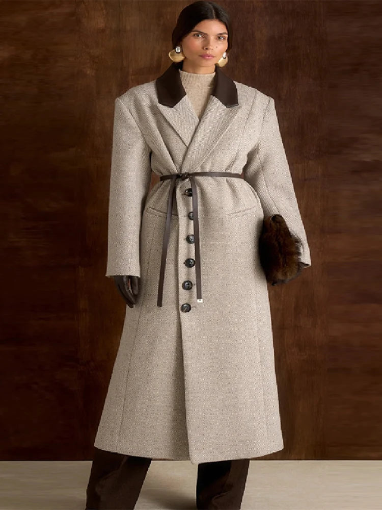 Fashion Waist Cinching Woolen Long Coat For Women Lapel Long Sleeve Single-breasted Coat With Belt New Lady Commuter Outwears