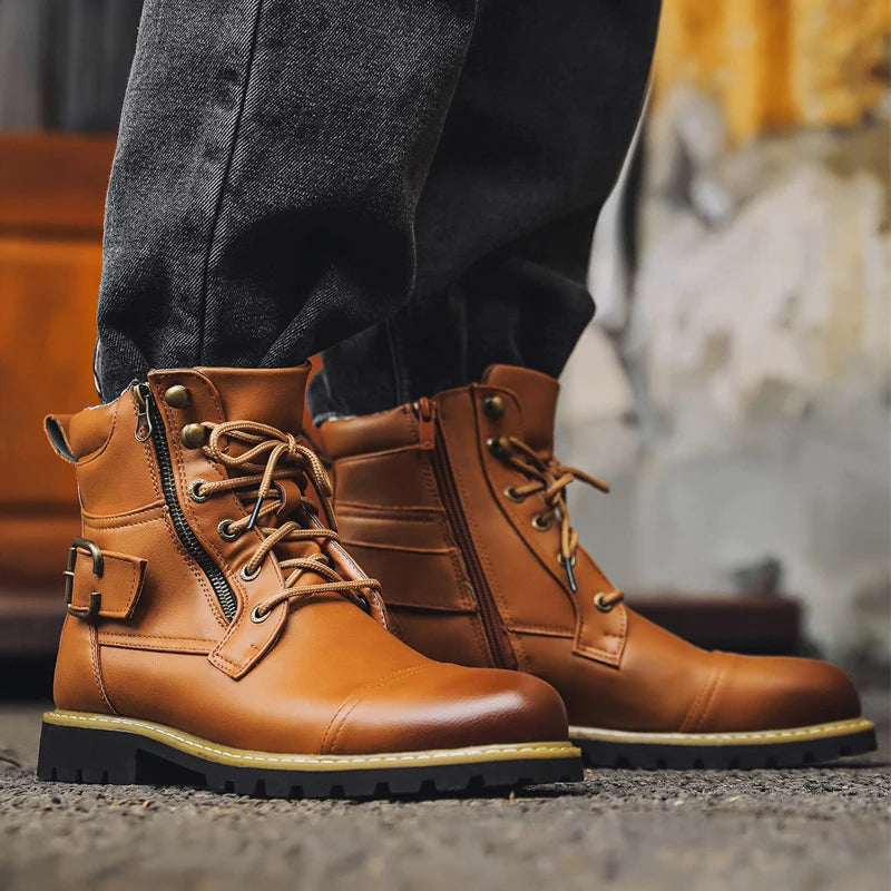 Quality Men Leather Boots Metal Double Zipper Motorcycle Boots Oxford Business Men Ankle Boots Autumn Winter Shoes Large Size 48