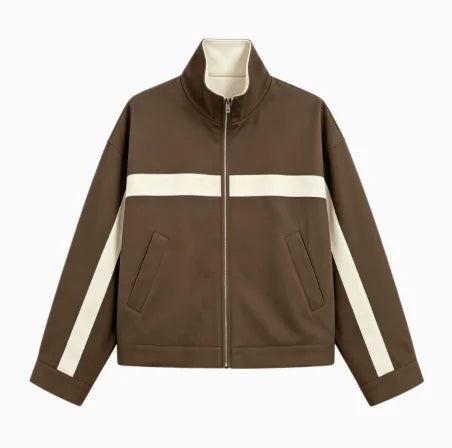 Beige Black Colorblock Zip Collar Crop Women Jacket Sporty Lapel Loose Outerwear Spring Autumn Daily Street Dating Outfit Coat