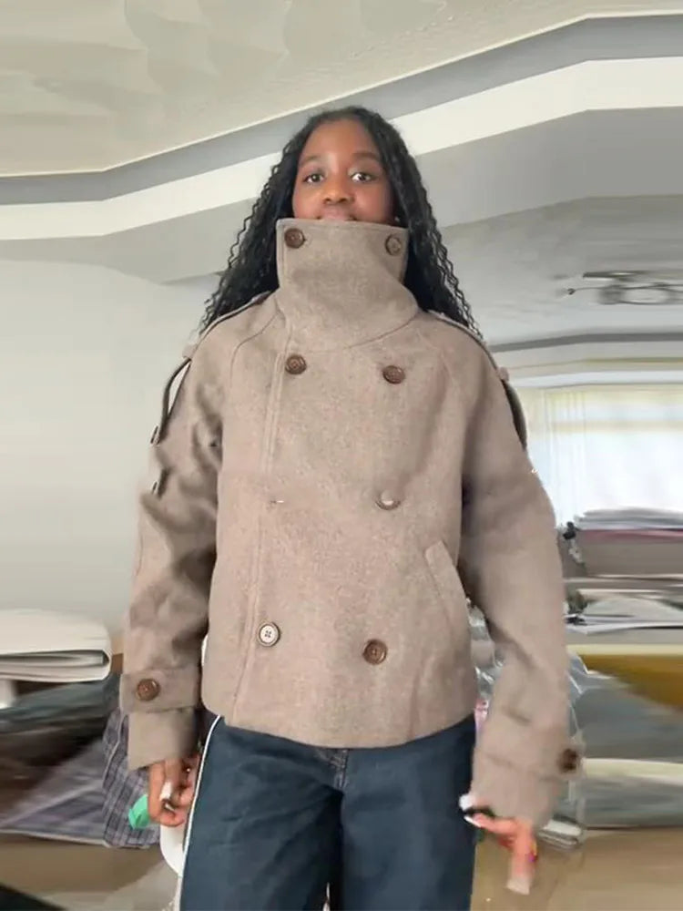 Elegant Solid Woolen Coats Women Solid Full Sleeve Double Breasted Loose Stand Collar Jackets Female 2026 Spring Lady Outwears