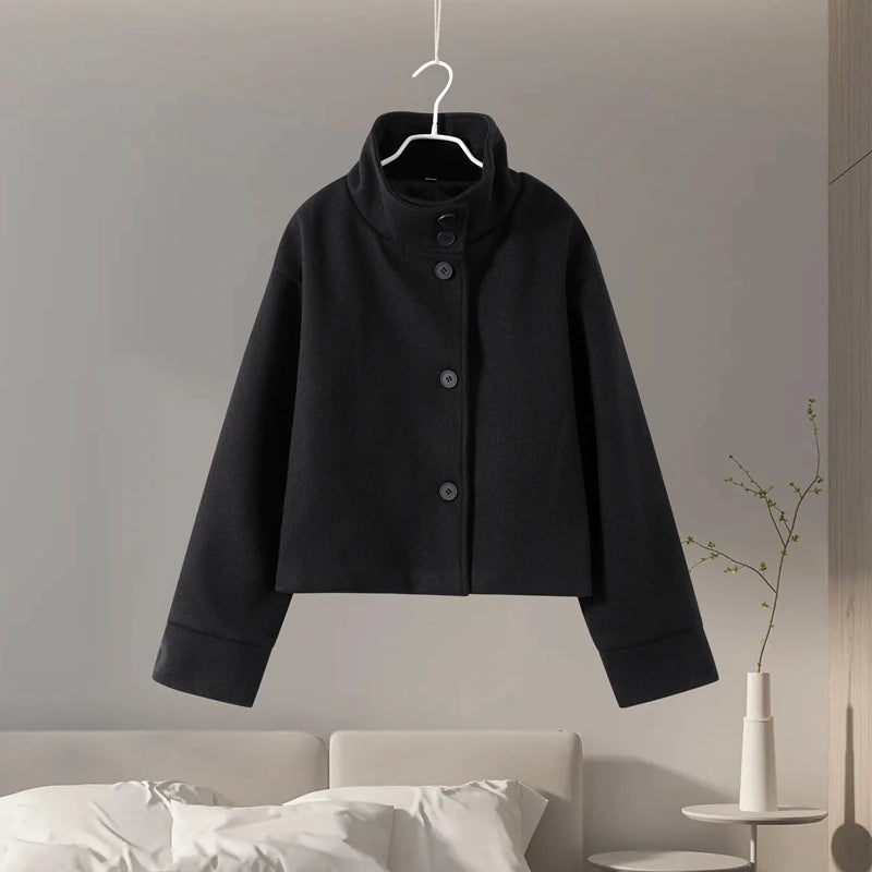 Elegant Solid Woolen Coats Women Solid Full Sleeve Double Breasted Loose Stand Collar Jackets Female 2026 Spring Lady Outwears