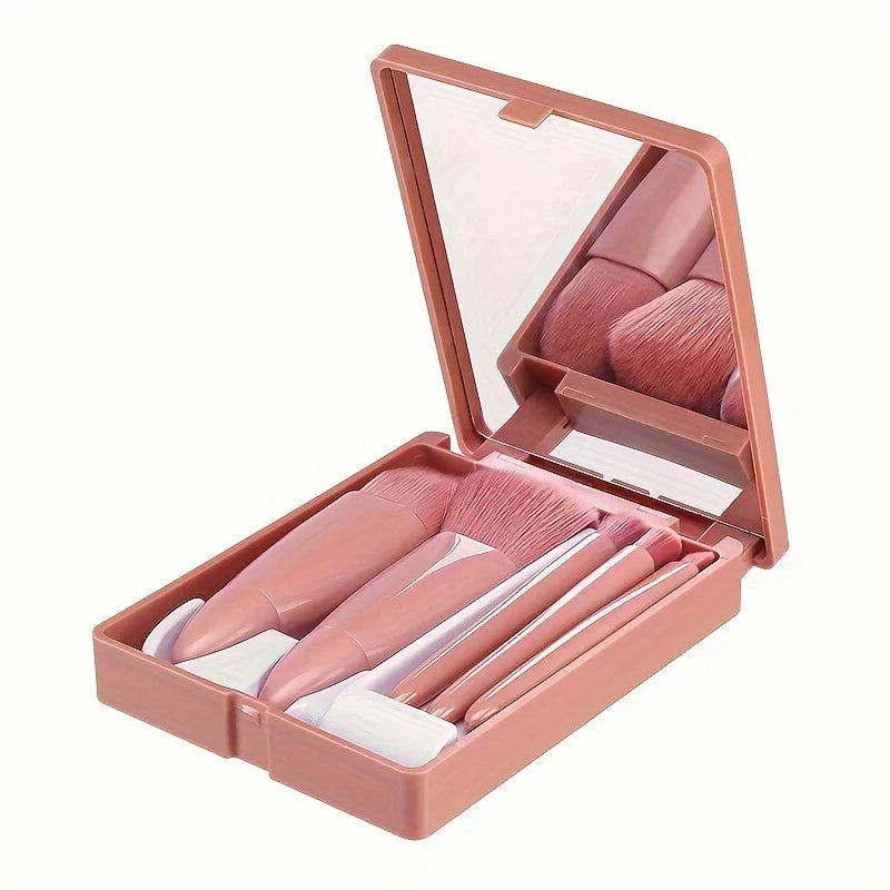 Mini 5-Piece Portable Makeup Brush Set With Mirror - Makeup Brush Travel Set, Eyeshadow Brush Tool