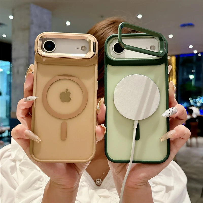 Metal Lens Stand Magnetic Phone Case For Magsafe Wireless iPhone 17 Air 16E 16 15 14 13 12 Mini 11 Pro Max Plus Shockproof Cover