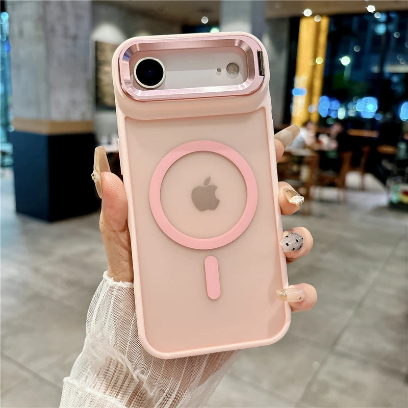 Metal Lens Stand Magnetic Phone Case For Magsafe Wireless iPhone 17 Air 16E 16 15 14 13 12 Mini 11 Pro Max Plus Shockproof Cover