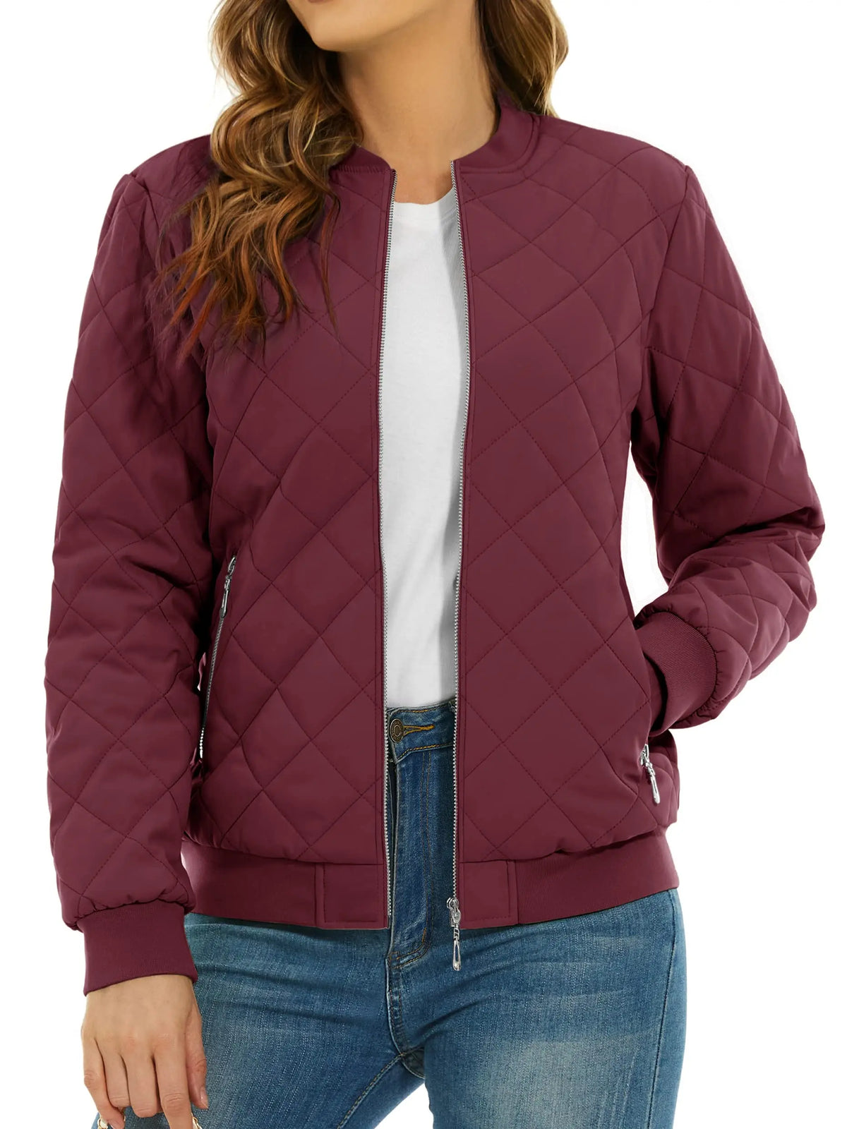 TACVASEN Padded Warm Jackets Womens Fashion Retro Pilot Jacket Diamond Quilted Coats Full Zip Up Pockets Casual Outwear