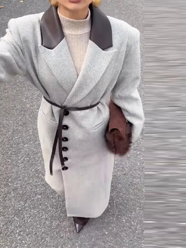 Fashion Waist Cinching Woolen Long Coat For Women Lapel Long Sleeve Single-breasted Coat With Belt New Lady Commuter Outwears