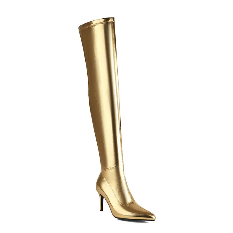 SGESVIER Elastic Women's Over the Knee High Boots Sexy Long Thigh High Boot Ladies Winter Shoes Black Gold Heeled Party Shoes