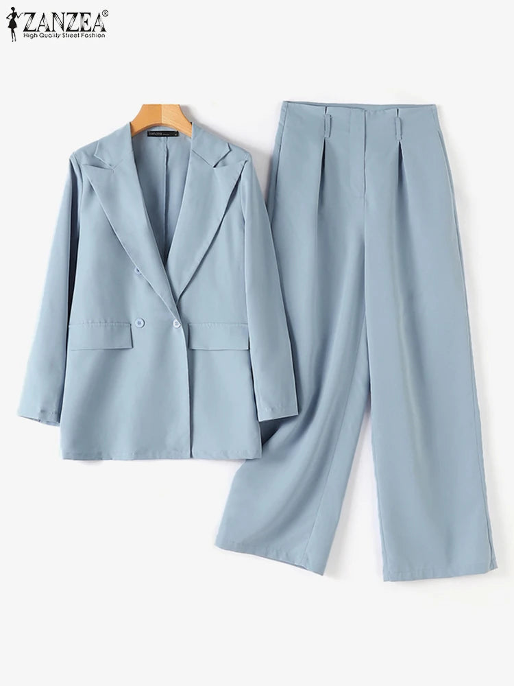 Ensemble 2 Pièces Femme – Veste Blazer Double Boutonnage & Pantalon Fluide Large, Style Chic Bureau