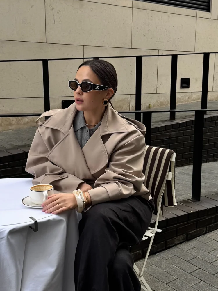 Women's Solid Cropped Trench Coat Elegant Lapel Collar Long Sleeve Belted Wrap Jackets Casual Streetwear 2026 Spring Fall Wear