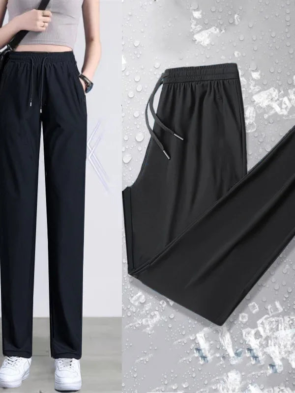Pantalon de Sport Femme en Soie Glacée – Taille Haute, Jambes Droites, Séchage Rapide