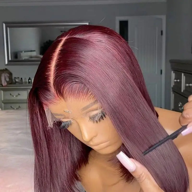 Short Bob Blunt Cut Bone Silky Straight 99J Red Burgundy Color 13X4 HD Full Lace Frontal Wig Heat Resistant Fiber Glueless Wigs