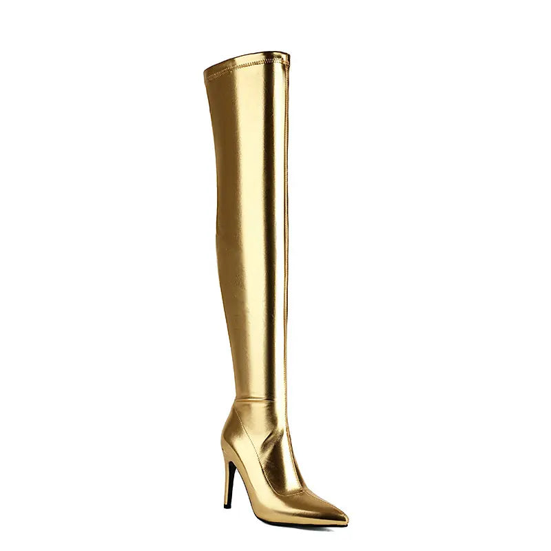 SGESVIER Elastic Women's Over the Knee High Boots Sexy Long Thigh High Boot Ladies Winter Shoes Black Gold Heeled Party Shoes