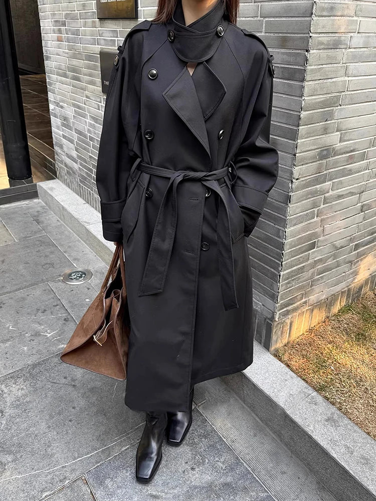 Lautaro Spring Autumn Oversized Khaki Long Grey Trench Coat for Women Double Breasted Loose Casual Korean Fashion Overcoat 2024
