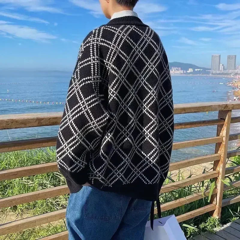 Pull en Maille à Carreaux Homme – Style Veste, Noir & Tendance, Confort Automne-Hiver