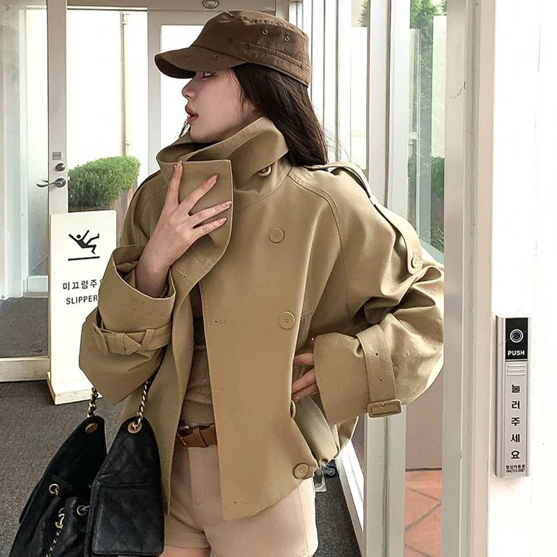 Women's 2025 Korean Style Relaxed Trench Coat Vintage Khaki Utility Jacket Spring Fall Casual Chic Versatile Outerwear
