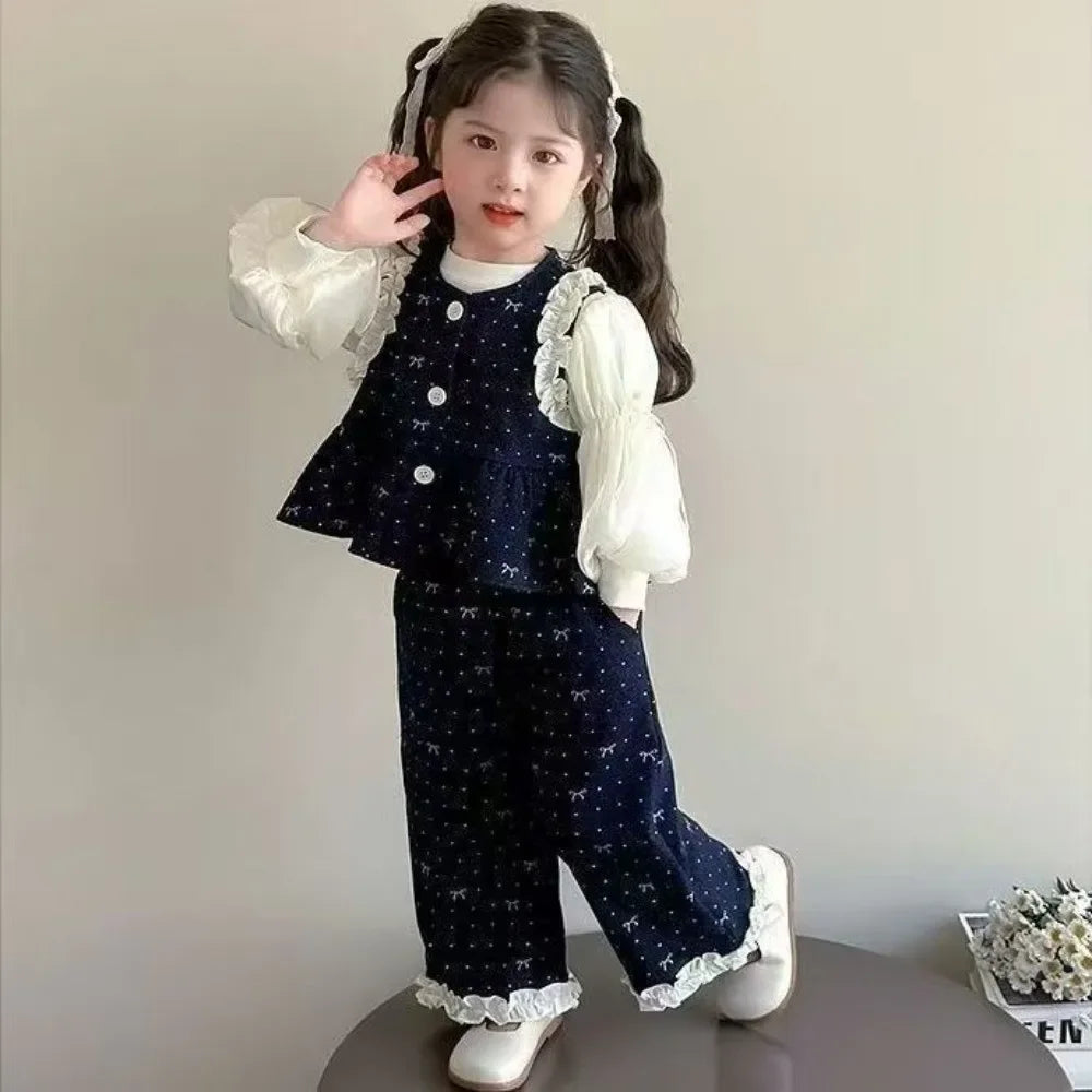 Bear Leader Children's Clothing Autumn Imitation Denim Ruffle Girls Clothes Bow Printed Vest+Long Sleeved Shirt+Pants 3 Pcs Set