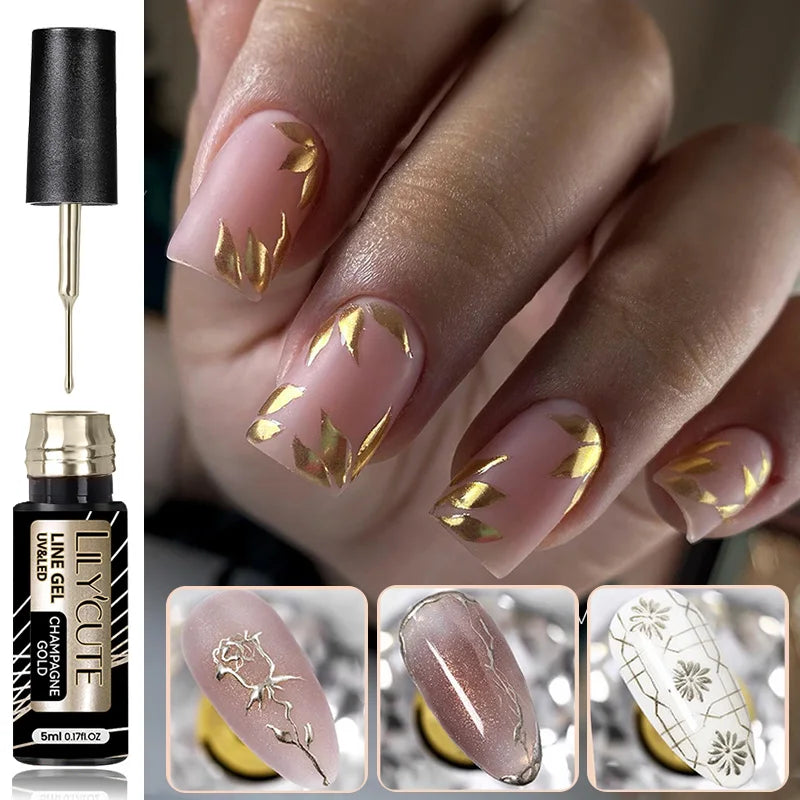 LILYCUTE 5ml Super-Bright Mirror Metallic Liner Gel Nail Polish Gold Silver French Style Drawing Stripe Nail Art Graffiti UV Gel