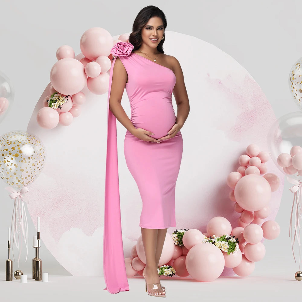 Maternity One Shoulder 3D Floral Floating Sleeve Bodycon Summer Midi Dress for Baby Shower Photoshoot