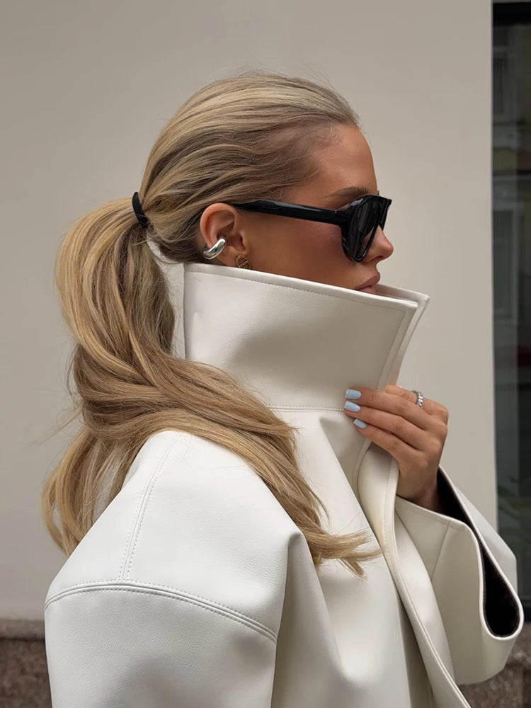 Fashion Loose Solid Coat Women Street White Pu Leather Full Sleeve Stand Collar Jackets Female 2026 Summer Autumn Lady Outerwear