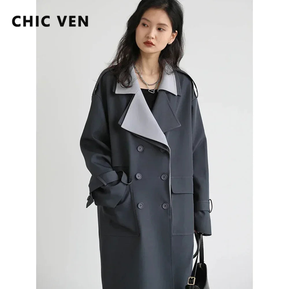 CHIC VEN Women Trench Coat Solid Loose Contrast Double Collar Double Breasted Long Female Windbreaker Office Lady Spring Autumn