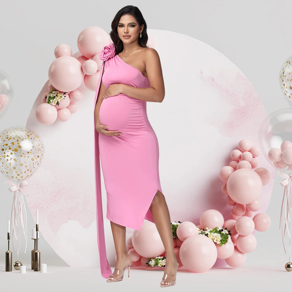 Maternity One Shoulder 3D Floral Floating Sleeve Bodycon Summer Midi Dress for Baby Shower Photoshoot