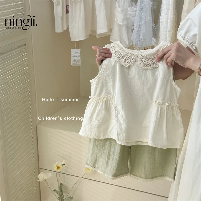 6142 Children Suit 2025 Summer Hot Sale Girl's Two Piece Suit Lace Collar Vest +Pants Casual Set 80-130CM