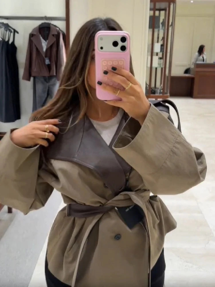Women Cropped Trench Coat Faux Leather Spliced Epaulets Belted Waist Loose Fit Khaki Short Jacket Vintage 2026 Ladies Outerwear