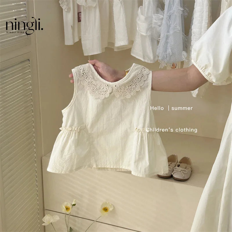 6142 Children Suit 2025 Summer Hot Sale Girl's Two Piece Suit Lace Collar Vest +Pants Casual Set 80-130CM